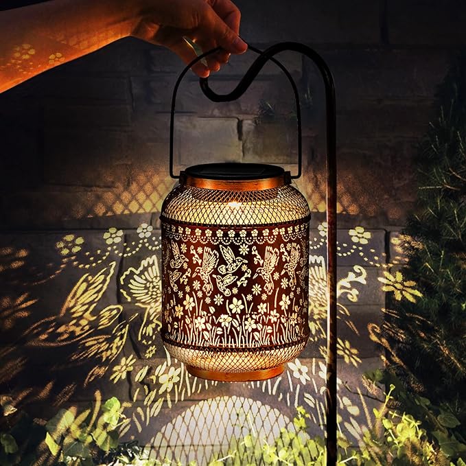 Solar Lanterns Outdoor Hummingbird Garden Decor, Metal Decor Lanterns Gardening Gifts for Women Mom Grandma, Waterproof Hanging Solar Lights for Outside, Patio, Yard, Porch, Backyard