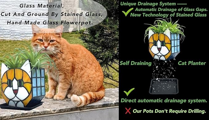 Tiffany Style Orange Cat Stained Glass Flower Pots,Indoor Plant Display, Orange Cat Small Pots for Plants, Gift for Cat Lovers,4.6x5.15x2.3 in （Excluding Plants）