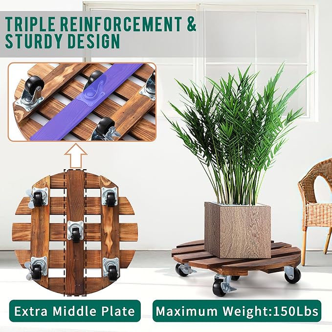 ZXZYHFTY Round Original Wooden Plant Stand with Wheels, 2 Packs Rolling Plant Stand with 360°Lockable Wheels for Vertical Garden Towers, Vertical Planting Tanks, Plant Pots, Wastebaskets (12")