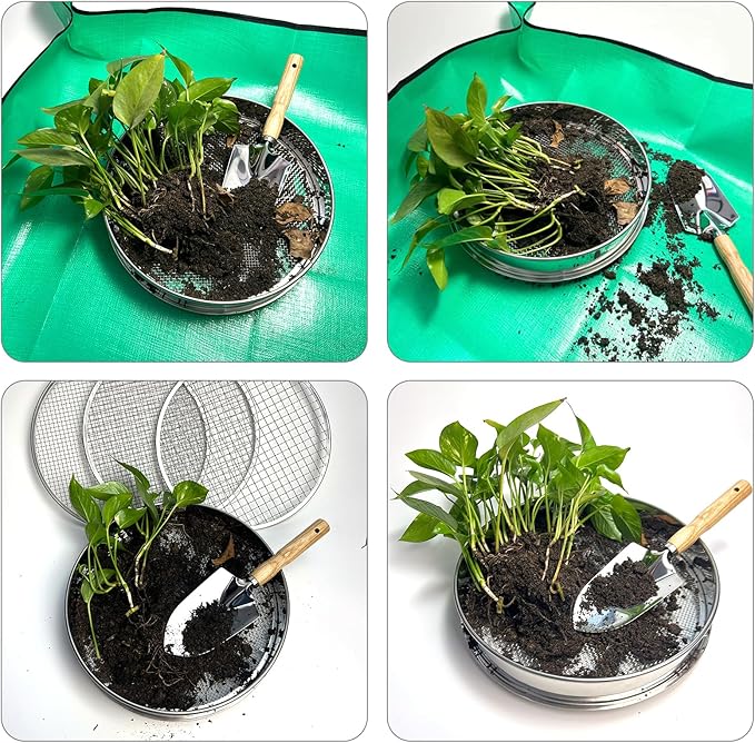 Soil Sifter for Gardening, 12 Inch Stainless Steel Soil Sifter with 4 Replaceable Fine Screens and Shovel, Sieve for Sand Rocks Dirt Compost