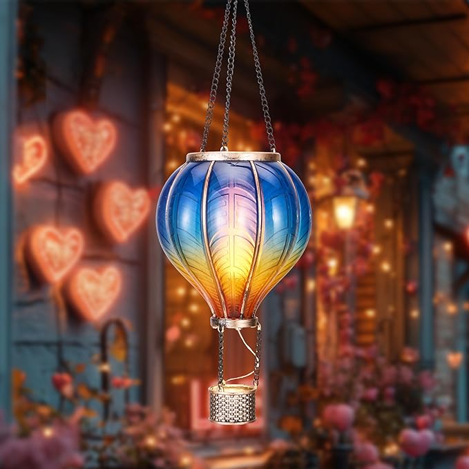 TERESA'S COLLECTIONS Hot Air Balloon Solar Lantern for Garden Decor ,Flickering Flame Hanging Solar Light for Outdoor ,Blue & Yellow Plastic Lamp for Yard Tree Gift for Mom
