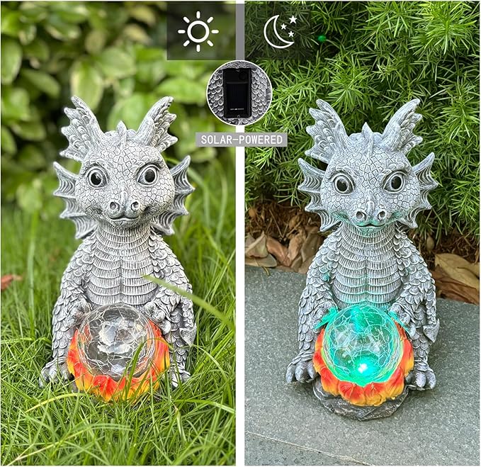 Solar Garden Statue Dragon Figurine with 7-Color Changing Solar Crackle Globe Lights- Loving Dragon for Patio,Balcony,Yard, Lawn-Unique Idea Gifts (Grey)