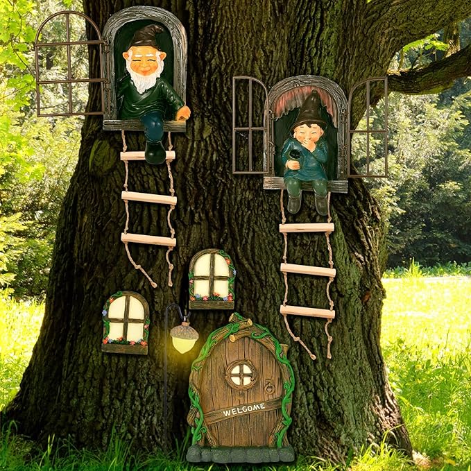 7 Pcs Fairy Garden Accessories Tree Hugger Gnome Statue Fairy Door Window Set Dwarf Elf Landscape Figurine Out The Door Resin Sculpture Hanging Tree Faces Decor for Trees Outdoor Decor