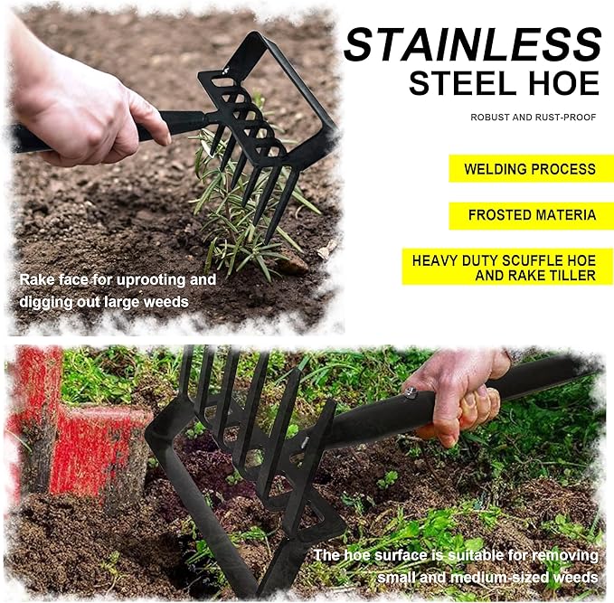 6-Tines Rake and Stirrup Hoe - Adjustable Long Handle Scuffle Loop Hula Action Hoe for Weeding, Digging, Loosening Soil, Stainless Steel Tiller Cultivator for Gardening, Raised Flower Beds Planting.
