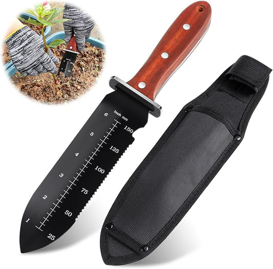 Hori Hori Garden Knife, Garden Tools with Sheath for Planting,Weeding,Digging, 7" Stainless Steel Soil Knife with Cutting Edge, Full Tang Wood Handle with Hanging Hole