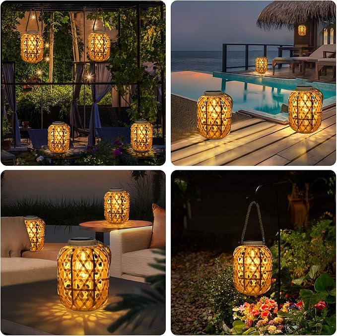 Rattan Solar Lanterns Outdoor,Hanging Solar Lights Waterproof,Boho Country Decor Solar Table Light Decoration for Garden,Yard,Patio,Porch,Trees,Lawn,Pathway