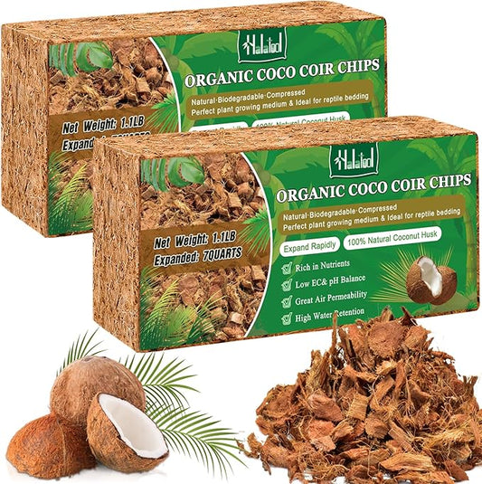 Halatool 2 Pcs Coconut Coir Chips for Plants - 2.2 LB 100% Organic Coco Husk Chip Bricks with Low EC and pH Balanced, Compressed Coco Substrate Growing Mulch Medium for Garden Herbs, Plants, Flowers