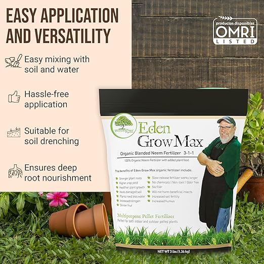 Eden Grow Max Organic Blended Neem Cake | Perfect for Home Gardening, Fruits, Lawns & Flowers | OMRI Listed (3lbs)
