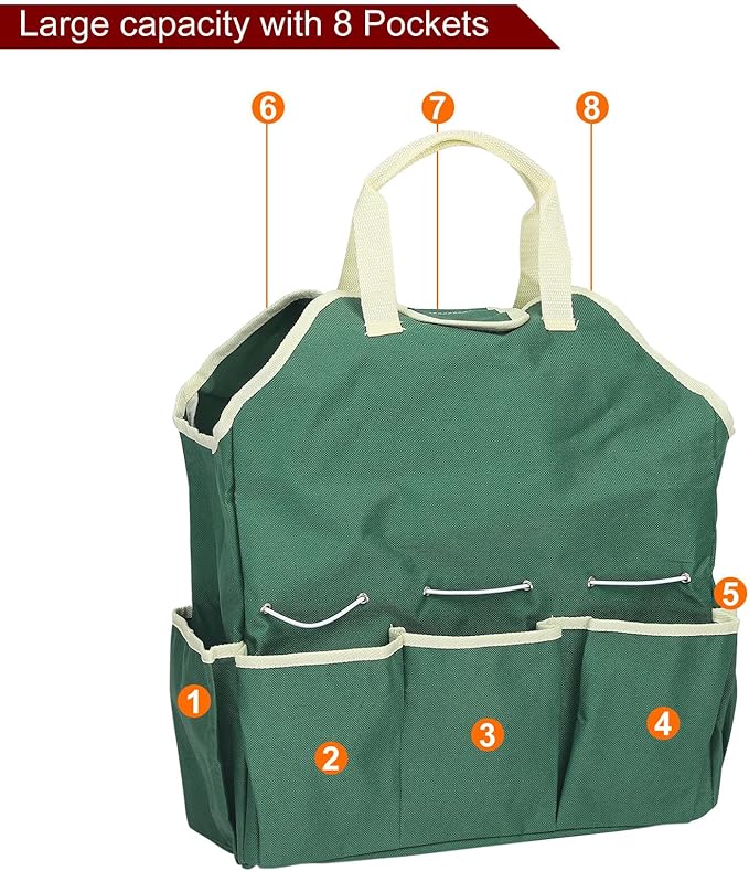 HARFINGTON Garden Tool Bag 14.6" x 5.5" x 16.5" Large Oxford Waterproof with Pockets Garden Tote Bag Gardening Plant Tool Organizer Storage Carrier Store for Outdoor Women Men, Dark Green
