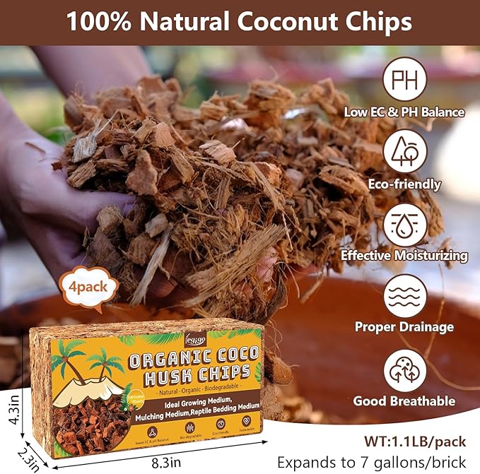 Legigo 4 Pack Coco Husk Chips- 4.4 LB 100% Organic Coconut Coir Chips Brick Potting Soil Mix with Low EC & PH Balance, Compressed Coconut Substrate Coco Chips Mulch Medium for Garden, Flowers, Plants