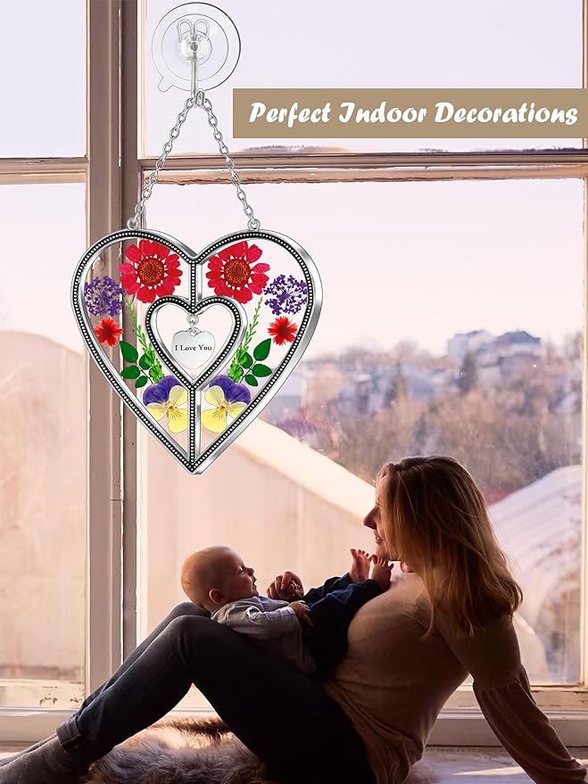 KY&BOSAM Heart Suncatchers I Love You Stained Glass Hangings for Windows Suncatcher Birthday Gifts for Women Mothers Valentine`s Day Real Flower Glass & Metal Maker for Christmas Party Home Decor