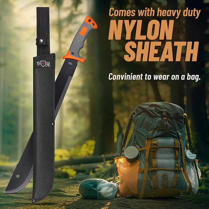 Machete with Saw - 25” Heavy Duty Tool & Sheath - Ergonomic No-Slip Handle - Survival Knife with Serrated Blade - Machetes for Bushcraft Outdoor Hunting Garden Cutting Trees and Yard Work