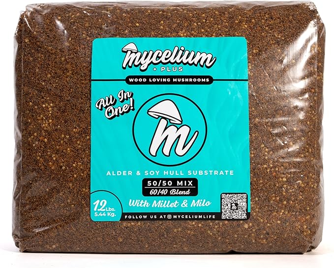 Mycelium Plus Gourmet Mushroom All-in-One Bag - Premium Organic 12 LB Blend of 50% Alder & 50% Soy Hull Substrate with Sterilized Millet/Milo Grain - Perfect for Wood-Loving Mushrooms