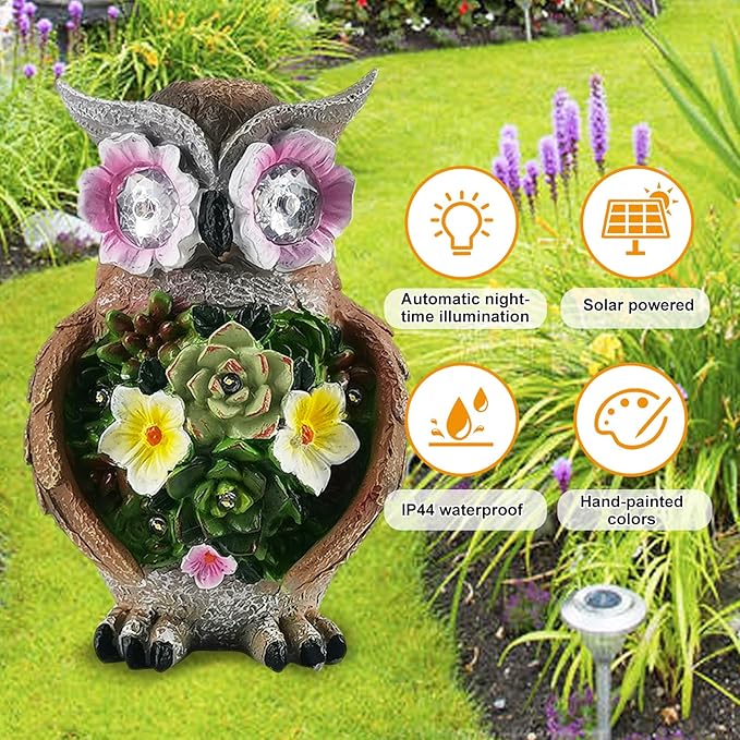 Owl Garden Statue,Solar Garden Statues with Flower LED Lights, Resin Owl Figurine for Lawn Patio Porch Yard Deco Gifts for Women/Mom/Grandma
