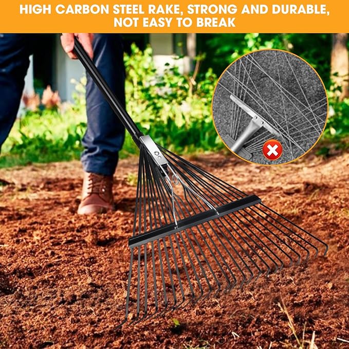 High-Carbon Steel Gardening Leaf Rake, Suitable for Raking Leaves and Lawn Tidying,Adjustable Split Long Handle 33-67", 24tines 23.2" Wide,Garden rake and thatch rake Suitable for Adults