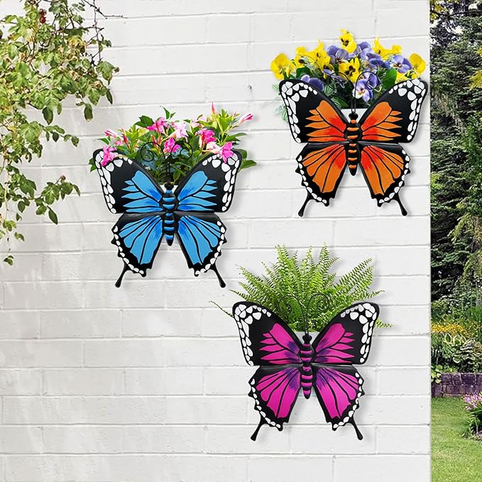 BAYN Set of 3 Butterfly Wall Hanging Planter Decor Art, Metal Wall Mounted Planters Garden Yard Decorative Flower Pot Indoor Outdoor Wall Planter Succulent Plant Container