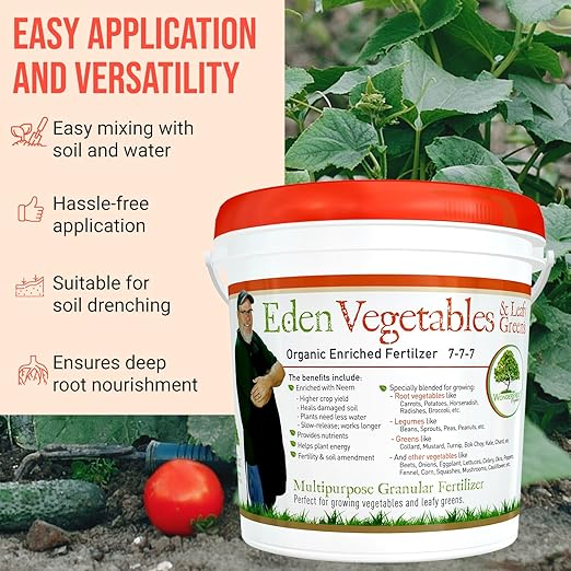 Eden Vegetables & Leafy Greens Organic Enriched Fertilizer - Neem Plant Food 7-7-7 Enriched Formula for Perfect Nitrogen, Phosphorous & Potassium Balance (5 lbs)