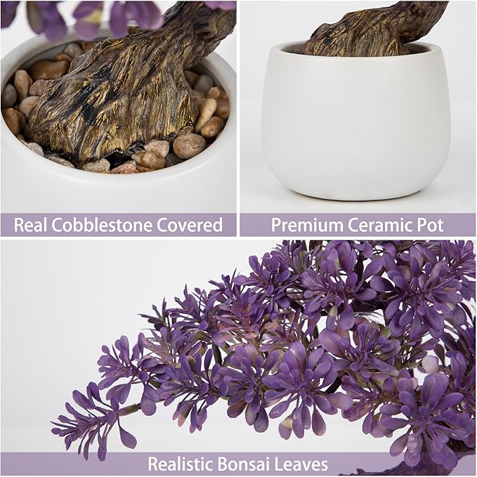 DILATATA Fake Bonsai Tree Zen Juniper Bonsai Plant 10” Tall Artificial Bonsai Trees with White Ceramic Pot Decorated with Pebbles Desk Plant Indoor Bonsai for Home Office Decor Purple