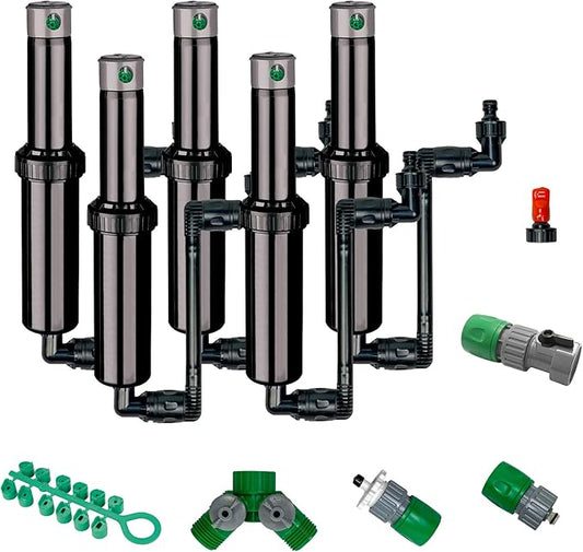 QSK-745 In-Ground 5-Inch Pop-Up Adjustable Sprinkler 5-Pack With Quick Hose Connectors And Splitters