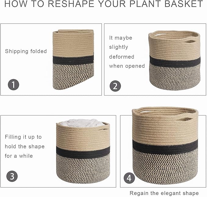 TIMEYARD Sturdy Jute Rope Plant Basket Modern Woven Basket for 10" Flower Pot Floor Indoor Planters, 11” x 11” Storage Organizer Basket Rustic Home Decor, Black and Beige Stripes