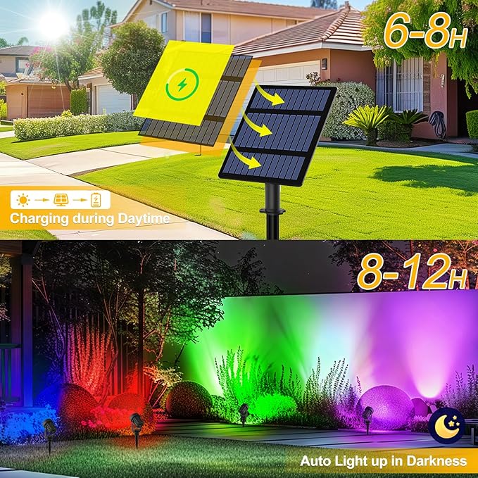 T-SUNUS Solar Spot Lights Outdoor Color Changing 6-in-1, Solar Landscape Spotlights RGB Lighting Waterproof IP65 Wall Lamp 9.8ft Cable for Patio Pathway Yard Garden Holiday (Multi-Color)