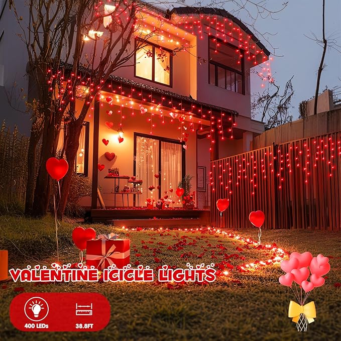 JMEXSUSS 400 LED Red Icicle String Lights, Connectable Red String Lights Indoor Outdoor with Remote, Red Christmas Lights for Room Fireplace Christmas Valentine Decorations, EXS-I-0400-R