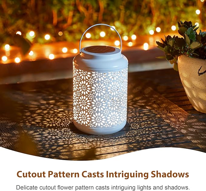 Glitzhome Solar Lantern White Metal Cutout Flower Outdoor Hanging Solar Light with Handle for Garden Patio Yard Outdoor Decor