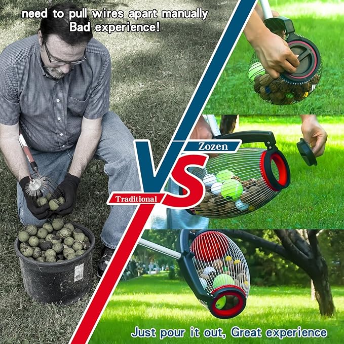 Zozen Nut Gatherer, Walnut Picker Upper Roller, Pinecone Picker Upper - Side Opening Dump | Apply to Walnut, Pecan, Hickory, Chestnuts, Buckeyes, Golf, Crab Apple Objects Size 1'' to 2.5''; 1.5 Gallon