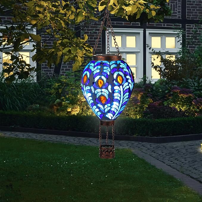 VOREEN Hot Air Balloon Solar Lantern, Mosaic Solar Outdoor Hanging Wind Light, Waterproof, Patio Festive Decor, Easter Gifts for Mom Father Grandma, Peacock Feather Design