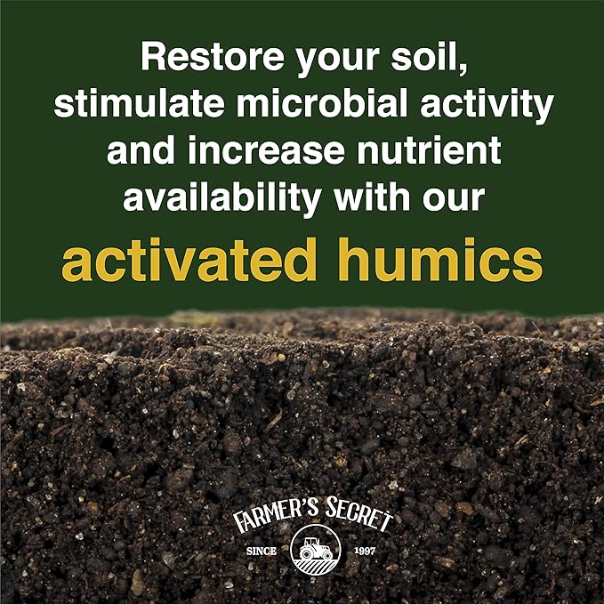 Farmer’s Secret Soil Revitalizer (128oz) - Organic (OMRI Listed) Soil Microbe Booster - Liquid Compost Soil Amendment - Activated Humic Acid - Liquid Compost Soil Amendment