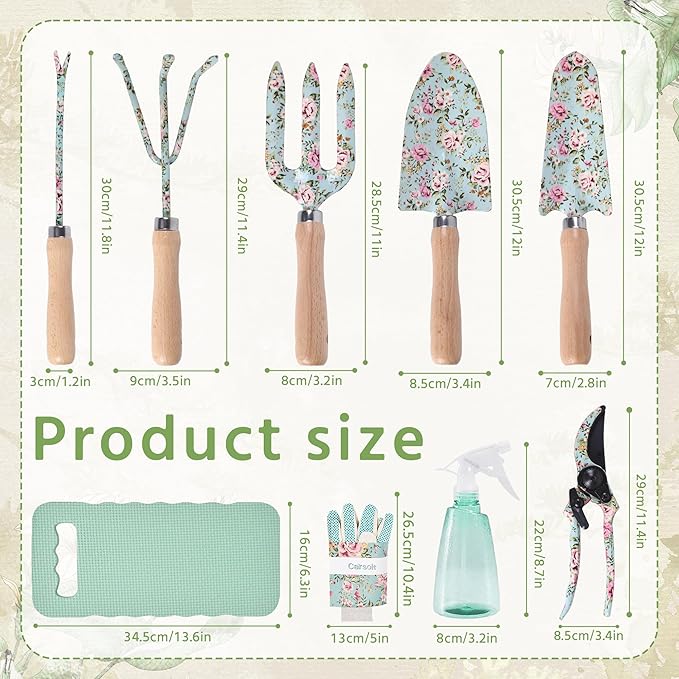 WNJ Gardening Tool Set, 10 PCS Heavy Duty Floral Pattern Garden Tools Set Kit, Complete Gardening Tool Bag Set, with Non-Slip Rubber Handle, Best Gardening Gifts for Women