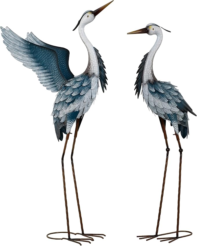 TERESA'S COLLECTIONS Garden Decor Blue Heron Yard Art,22.8-25" Large Metal Cranes Sculptures & Statues Decoy for Outdoor Indoor Decorations, Outside Patio, Pool, Lawn, Set of 2, Spring,Gift for Mom