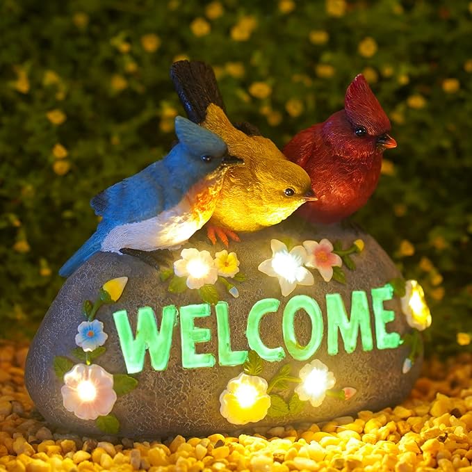 Solar Birds Welcome Sign - Outdoor Bird Decor with Solar LED Lights - Elegant and Charming Figurines for Women, Moms & Garden Enthusiasts