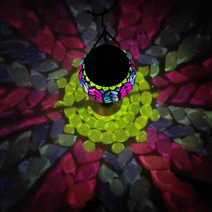 Mosaic Hot Air Balloon Solar Lanterns Outdoor Waterproof, Colorful Glass Solar Hanging Lantern Lights for Garden Patio Yard Gifts for Women Mom Grandma