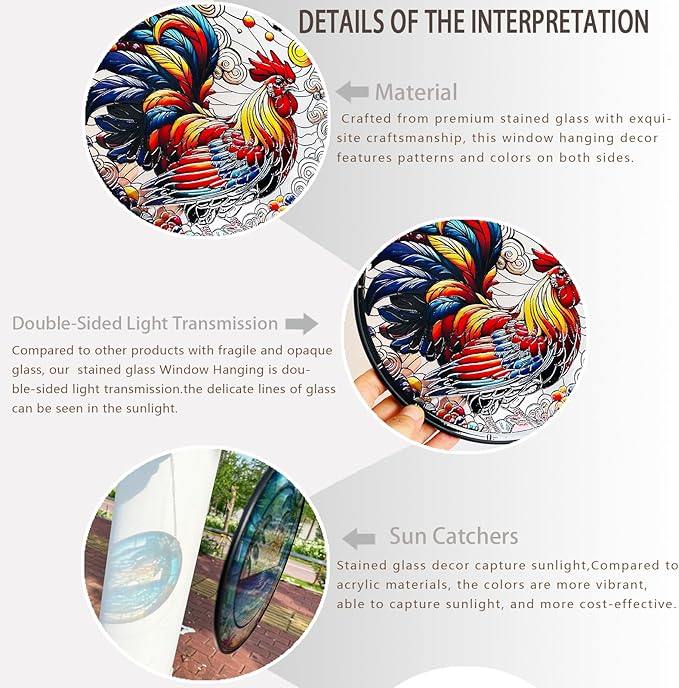 RIVEENY Rooster Glass Window Hangings, 8" Rooster Sun Catcher Stained Glass Window Panels, Wall Art Stained Panel Hangings Gift for Home Garden Ornament (Roosters)