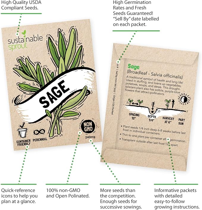 Culinary Herb Seeds Variety Pack: 15 Heirloom Garden Seeds Basil Cilantro Parsley Chives Thyme Oregano Dill Rosemary Arugula Tarragon Lavender Lemon Balm Marjoram Rosemary & Sage by Sustainable Sprout