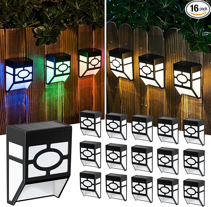 SOLPEX 16 Pack Solar Deck Lights Outdoor, Solar Fence Lights，2 Modes Christmas Garden Decoration Lights,RBG/Warm White LED Decorative Lighting for Garden，Yard，Post，Path&Driveway