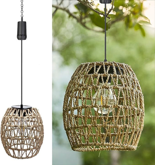 6 Hours Timer Battery Operated Outdoor Hanging Light Seagrass Woven Waterproof Porch Gazebo Patio Pendant Lantern Chandelier Lighting Decorative Hollow-Out Auto On/Off Warm White Bulb