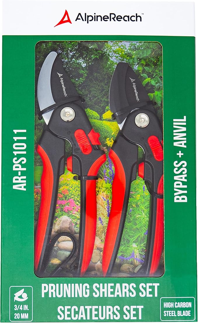 AlpineReach Pruning Shears Set Bypass and Anvil for Gardening, Sharp Ergonomic Pruners, Adjustable Soft Handle for Small & Large Hands, Heavy Duty High Carbon Steel Blade, Secateurs, Gift Box