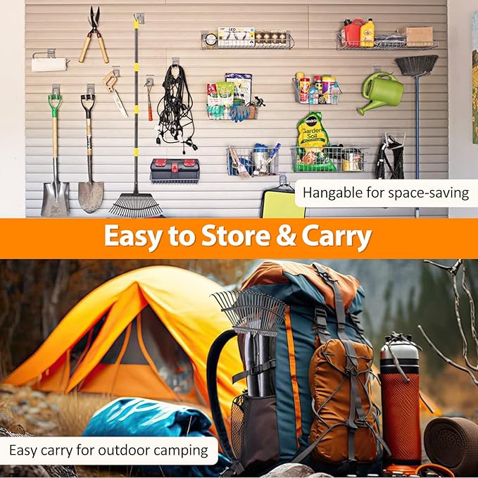 Rake, Garden Rake for Leaves, Heavy Duty Metal Leaf Rake with 37-65 inch Adjustable Steel Handle, 25 Tines 18" Wide Rake Garden Tools for Lawns Yard Flower Bed Grass Mulch Shrub Camping Gardening