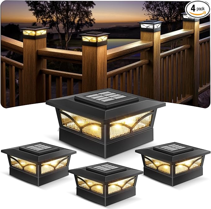 NIORSUN Solar Post Cap Lights Outdoor, 2 Modes LED, Deck Fence Post Solar Lights for 3.5x3.5 4x4 Caps Patio Garden Decoration, Warm White/Cool White Lighting Black 4 Pack
