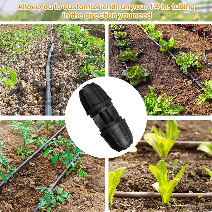 JAYEE 1/4 Inch Drip Irrigation Fittings Barbed Coupling Connectors, 25 Pcs Drip Line Parts for for ¼ In. Tubing, Irrigation Coupler with Locked Nuts for Trees, Shrubs, Sprinkler Systems, Black