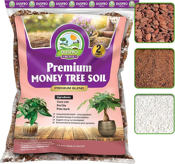 DUSPRO Recycle Money Tree Soil, Premium Coco Coir Perlite Mix and Pine Bark for Money Tree Soil, Ideal Money Tree Soil for Healthy Growth and Nourishment (2 Quarts)