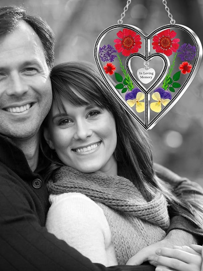 KY&BOSAM Heart Suncatcher In Loving Memory Memorial Gift for Loss of Loved One Unique Sympathy Gift Idea Real Flower Suncatcher Bereavement Grief Gift Box for Loss of Mom Friend Son Daughter Dog Decor