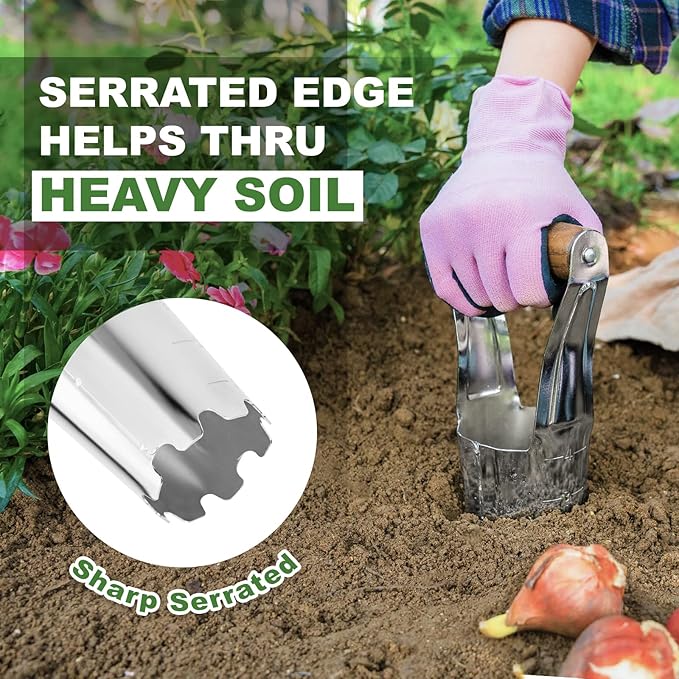 Bulb Planter Tool, 4 Inches Depth Mark Hand Bulb Planter, Non-Bending Stainless Steel Bulb Planter Digger, Garden Bulb Transplanter with Comfortable Grip Wooden Handle for Tulip and Daffodils