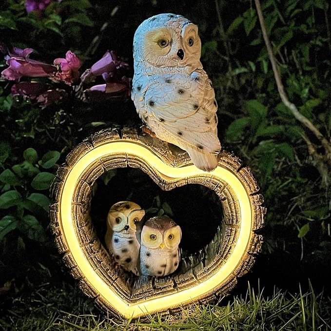 Solar Garden Lights, Solar Sculpture LED Lights, Outdoor Waterproof Handmade Resin Statue, Love Statue Decoration for Path, Yard, Lawn, Gift for Mom Christmas (White Love Owl)