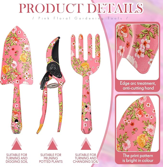 3 Pcs Pink Floral Gardening Tools Set Flower Garden Tool Set for Outdoor, Gardening Kit for Women Garden Hand Tools Set with Pruner, Trowel, Rake, Christmas Gardening Gifts for Women