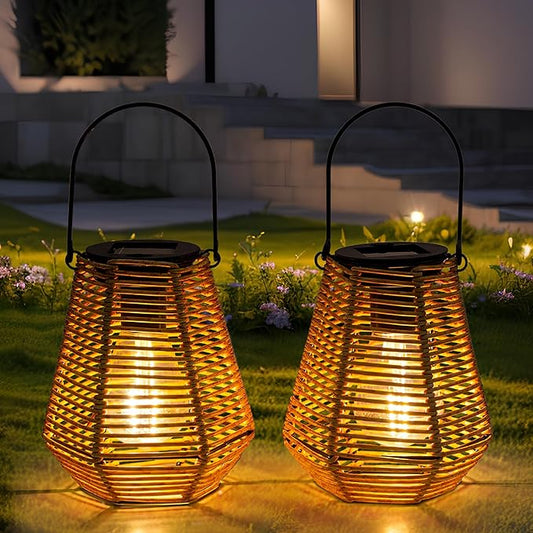 Solar Lanterns Outdoor Waterproof,Solar Lights for Outside Hanging Lights Outdoor Rattan Lantern Decoration for Garden, 2 Pack
