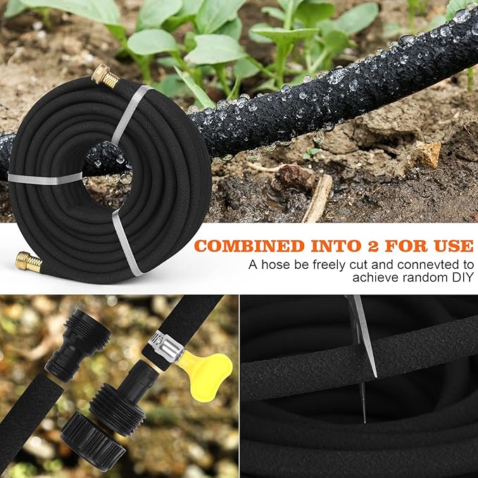 Soaker Hose 100 FT for Garden with 1/2" Diameter Irrigation Hose Save 70% of Water Solid Brass Interface Eminently Suitable for Lawn and Garden Bed Cover