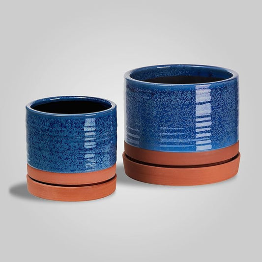 6 + 8 Inch Plant Pots, Ceramic Planter Pot with Drainage Hole & Saucer, Indoor/Outdoor Cylinder Round Planter Pot, Aqua Blue & Terracotta